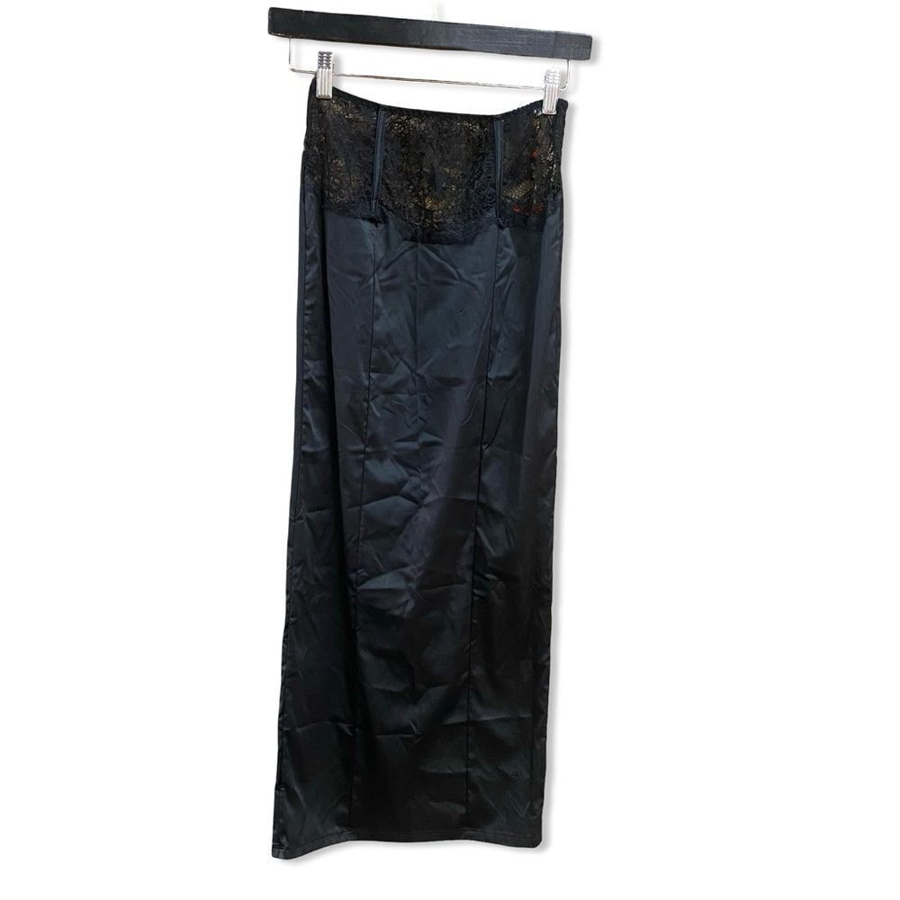 God Save Queens Cristina Black Lace Skirt midi sheer lingerie satin Revolve XS - Picture 7 of 12
